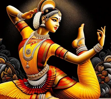 Eine künstlerische Darstellung einer Frau in leuchtender traditioneller Kleidung, die einen anmutigen Tanz mit komplizierten Handgesten und aufwendigem Schmuck aufführt.