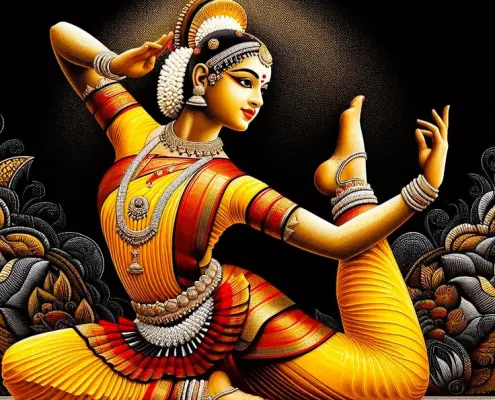 Eine künstlerische Darstellung einer Frau in leuchtender traditioneller Kleidung, die einen anmutigen Tanz mit komplizierten Handgesten und aufwendigem Schmuck aufführt.