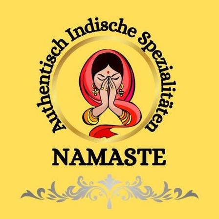 Logo für Namaste, ein authentisches indisches Restaurant, mit einer Frau in traditioneller Kleidung und dem Wort 'Namaste' in fetter Schrift darunter.