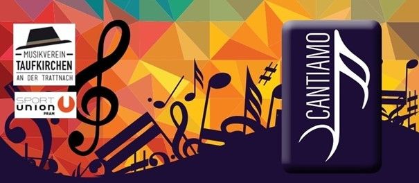 Plakat für ein Musikevent mit Noten, einem Hut und dem Text 'Cantiamo' auf einem mehrfarbigen Hintergrund.