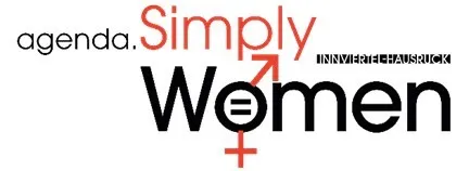 Das Bild zeigt ein Logo für 'Simply Women'. Das Wort 'Simply' ist in Rot und Schwarz, während 'Women' in Schwarz mit einem weiblichen Symbol geschrieben ist. Unten steht 'agenda.' in Weiß. Der Hintergrund ist weiß.