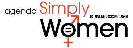 Das Bild zeigt ein Logo für 'Simply Women'. Das Wort 'Simply' ist in Rot und Schwarz, während 'Women' in Schwarz mit einem weiblichen Symbol geschrieben ist. Unten steht 'agenda.' in Weiß. Der Hintergrund ist weiß.