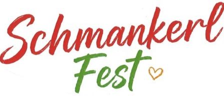 Das Bild zeigt ein festliches Design mit den Worten 'Schmankerl Fest' in Rot und Grün, begleitet von einem Herzsymbol. Der Hintergrund ist weiß.