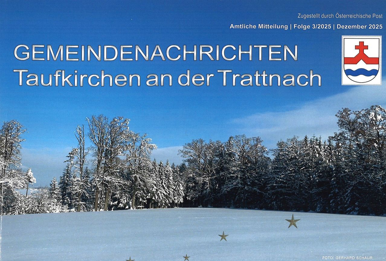 Eine verschneite Landschaft mit blauem Himmel, kahlen Bäumen und goldenen Sternen im Vordergrund. Der Titel lautet 'WEIHNDENACHRICHTEN KIRCHEN AN DER TRATTACH'.