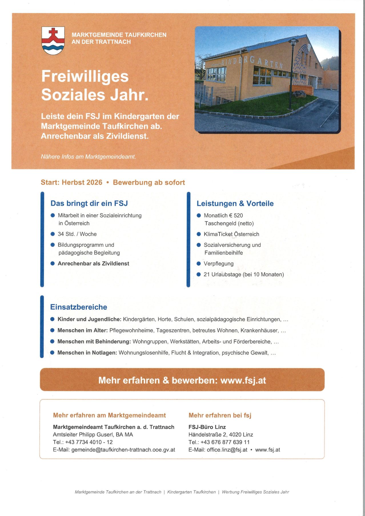 Ein Flyer über das Freiwillige Soziale Jahr. Der Flyer zeigt ein Bild eines Hauses und bietet eine Stelle in einem Kindergarten an. Es ist als Zivildienst verfügbar. Es beginnt im Herbst 2026 und Bewerbungen werden sofort angenommen.
