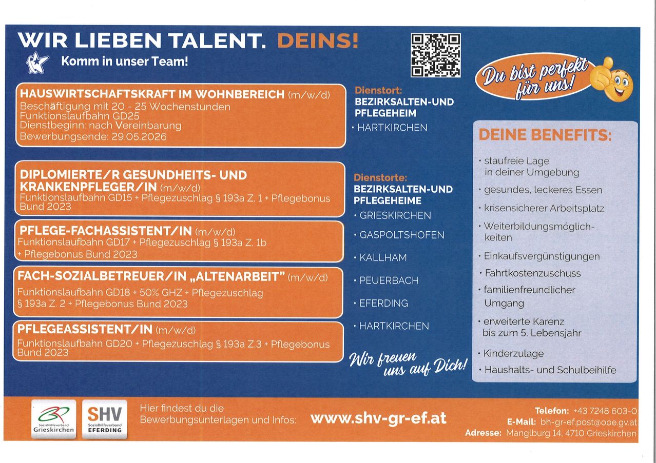 Stellenangebote im Pflegebereich verfügbar. Bewerbungsschluss 29.05.2026. Positionen umfassen: Pflegekräfte, Gesundheits- und Sozialarbeiter, Assistenten und Altenpfleger. Vorteile: 20-25 Urlaubstage, zusätzliche Leistungen, familienfreundliches Umfeld, erweiterter Elternurlaub und Kinderzulage. Besuchen Sie www.shv-gr-ef.at für weitere Informationen.