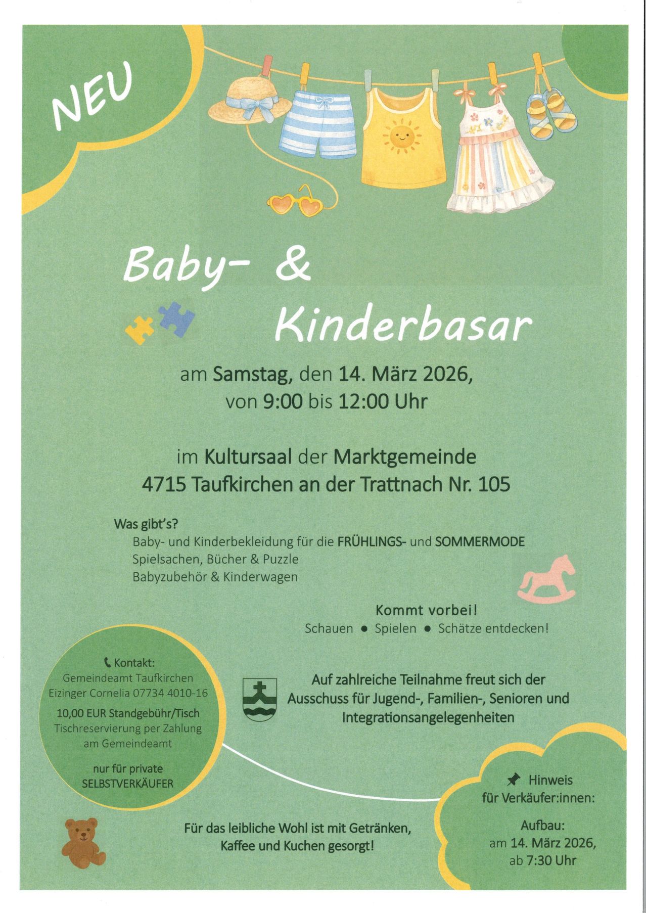 Plakat für Baby- & Kinderbasar am 14. März 2026 von 9:00 bis 12:00. Aktivitäten umfassen Spiele, Spielzeug und Kleidung für Frühling und Sommer. Kontakt: Gemeindeamt Taufkirchen.