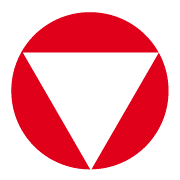 Ein roter Kreis mit einem weißen Dreieck, das nach unten zeigt, in der Mitte, ähnlich einem Warn- oder Aufmerksamkeitszeichen.