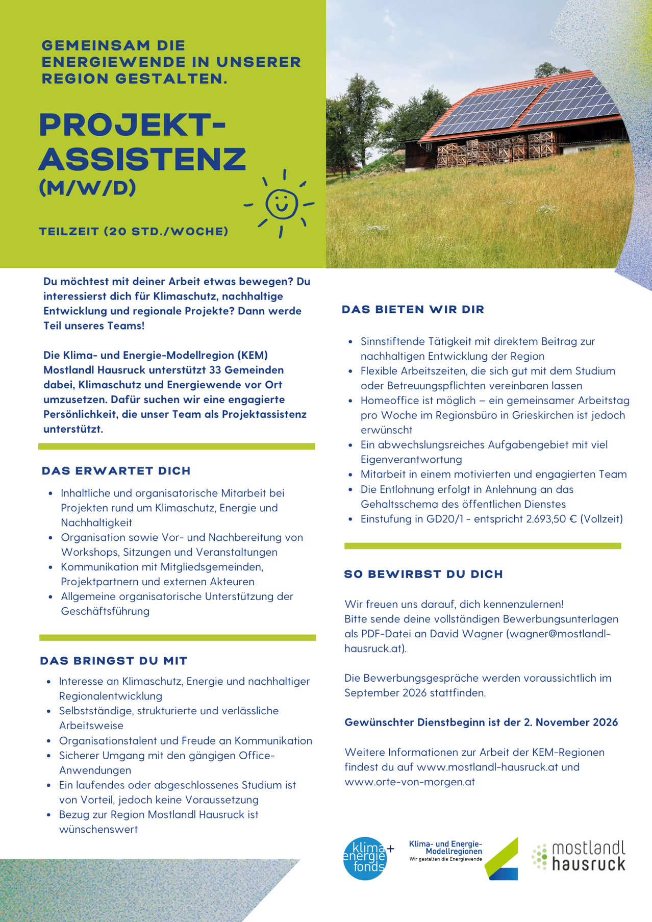 A job advertisement for an assistant position in climate protection, energy, and sustainable regional development. The role involves supporting various projects, workshops, and meetings. The position offers flexible working hours, a home office option, and a competitive salary. Interested applicants should submit their application by September 2026.