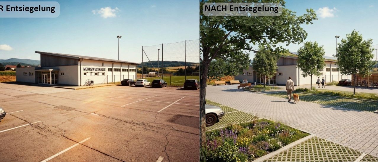 Quelle: Land OÖ, Links: fiktiver Ort erstellt mithilfe von KI (freepik), Rechts: Visualisierung ©bloomingcities“
