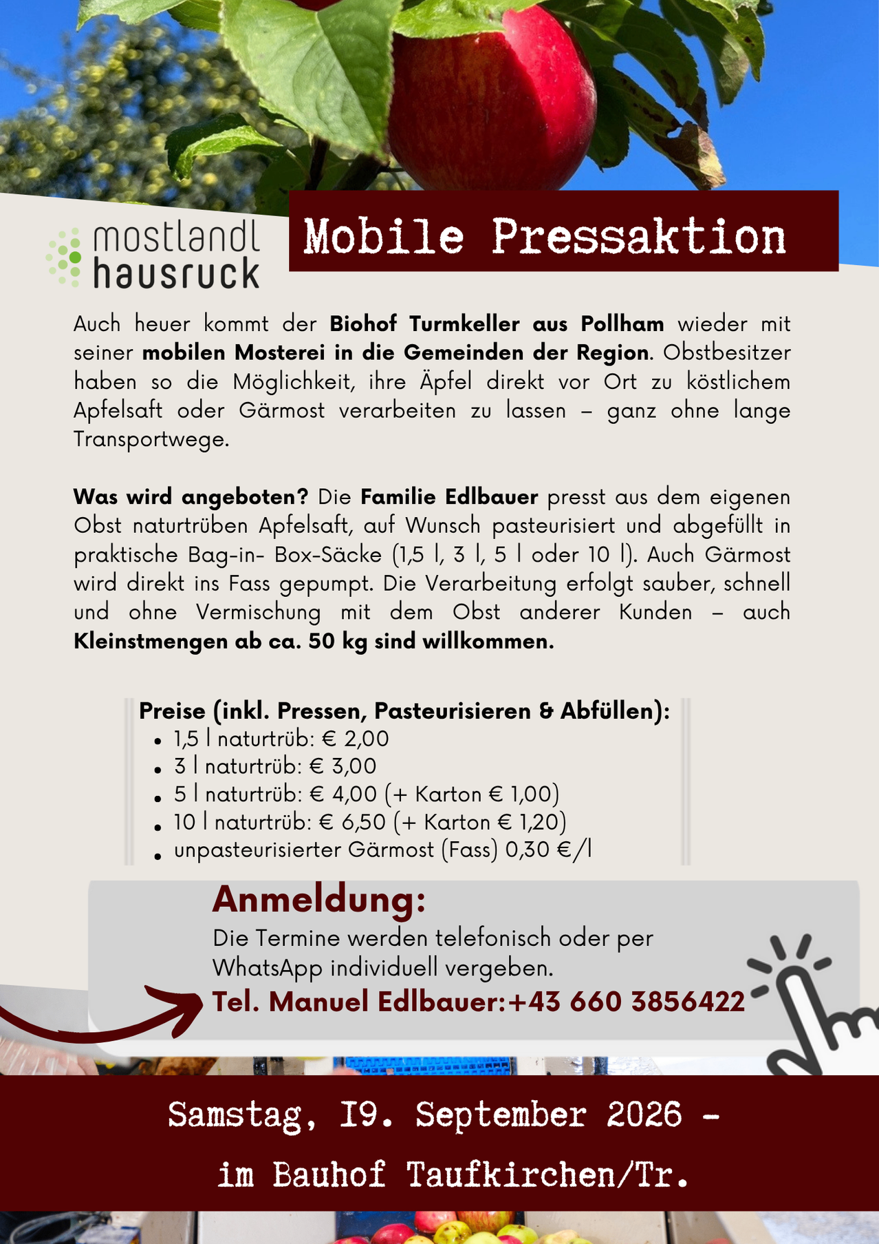 Eine Werbung für einen mobilen Pressdienst, der frischen Apfelsaft und Apfelwein anbietet, betrieben von der Familie Edlbauer. Es enthält Details zu den Mengen, Preisen und wie man den Service buchen kann.