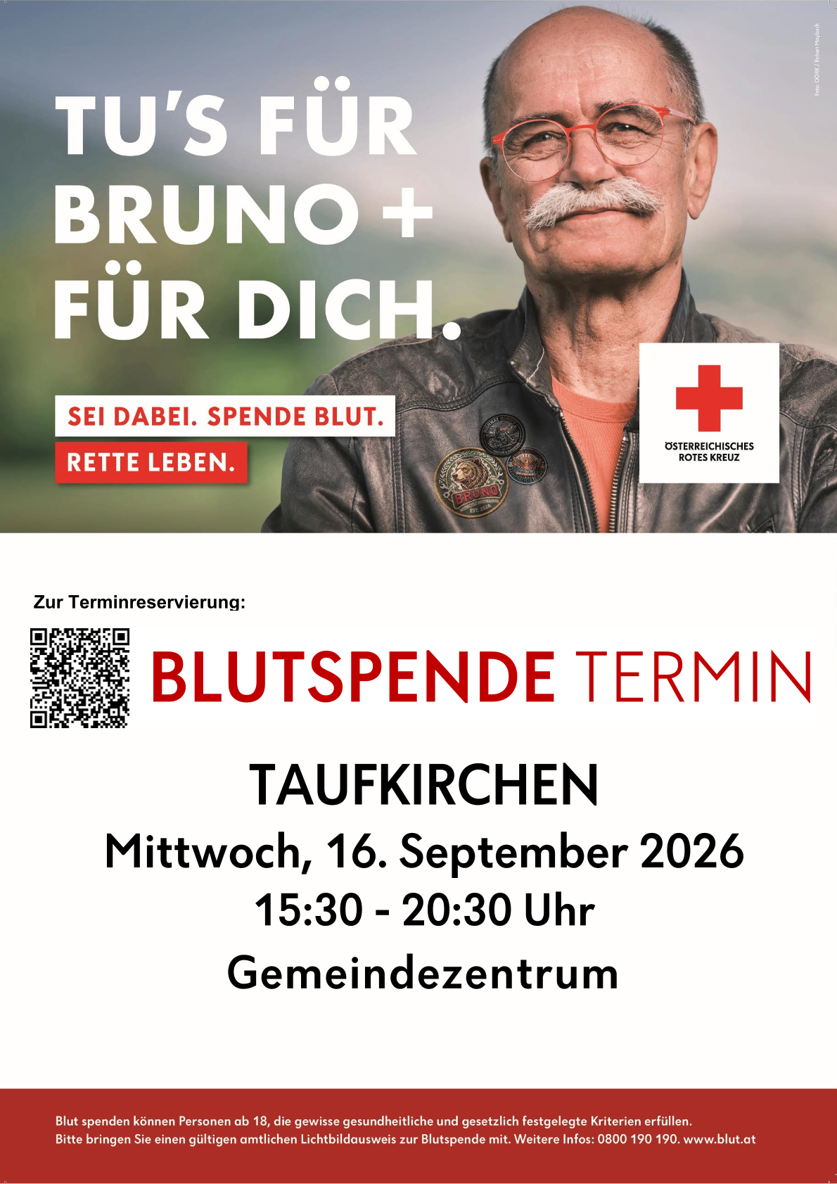 Ein Werbeplakat für eine Blutspendeveranstaltung mit einem Mann mit Schnurrbart und Lederjacke. Der Text lautet 'Bruno + für dich. Sei dabei. Spende Blut. Retten Sie Leben.' Die Veranstaltung ist für Mittwoch, den 16. September 2026, von 15:30 bis 20:30 Uhr im Gemeindezentrum geplant.