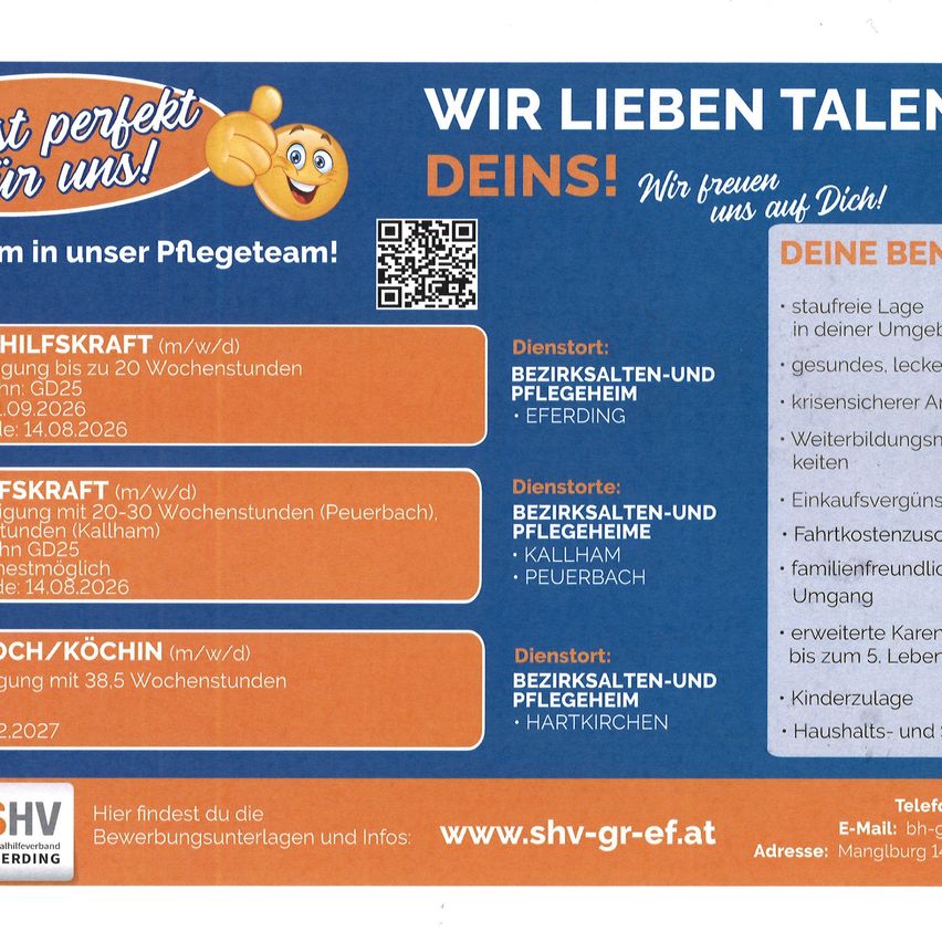 A recruitment flyer for a care team with positions available in different locations. It includes details about the job, benefits, and application instructions. The flyer has a cheerful smiley face and a QR code for easy access.