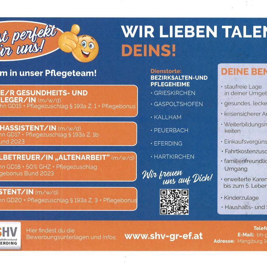 A recruitment poster for a healthcare team, featuring various positions such as health and care assistants, elderly caregivers, and kitchen staff. The poster highlights benefits like free parking, a healthy environment, and family-friendly policies. It also includes a QR code for more information and contact details.