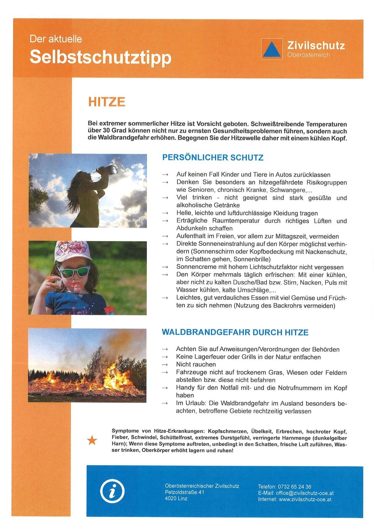 A flyer with a woman drinking water and a child blowing bubbles in the background. The text provides safety tips for extreme summer heat, including advice for personal protection and forest fire prevention.