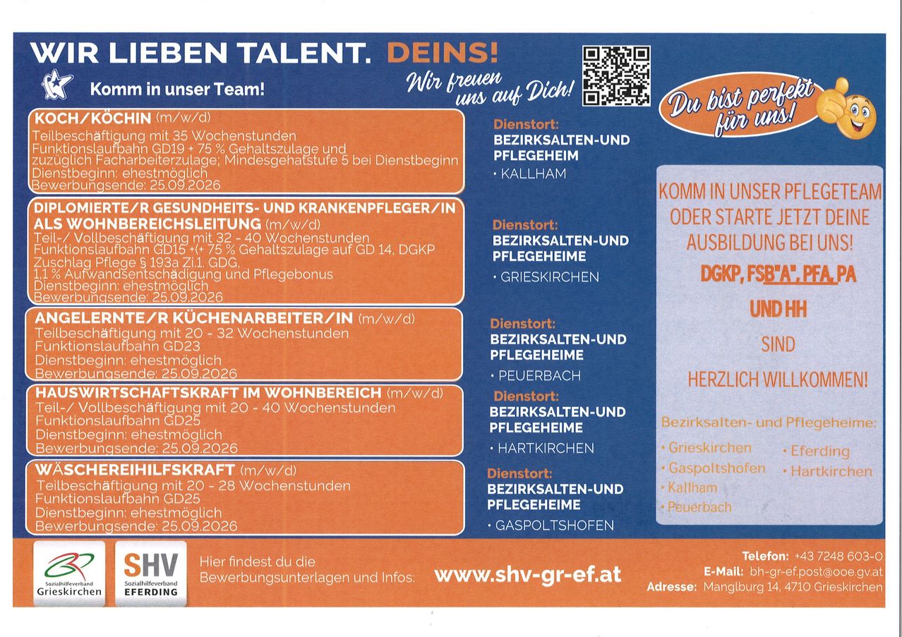 Stellenausschreibung für verschiedene Positionen im Gesundheits- und Küchenbereich. Positionen umfassen Gesundheits- und Krankenpflege, Küchenmitarbeiter und Hilfskräfte. Jeder Position sind Startdatum, Standort und Vorteile aufgeführt. QR-Code und Kontaktdaten werden bereitgestellt.