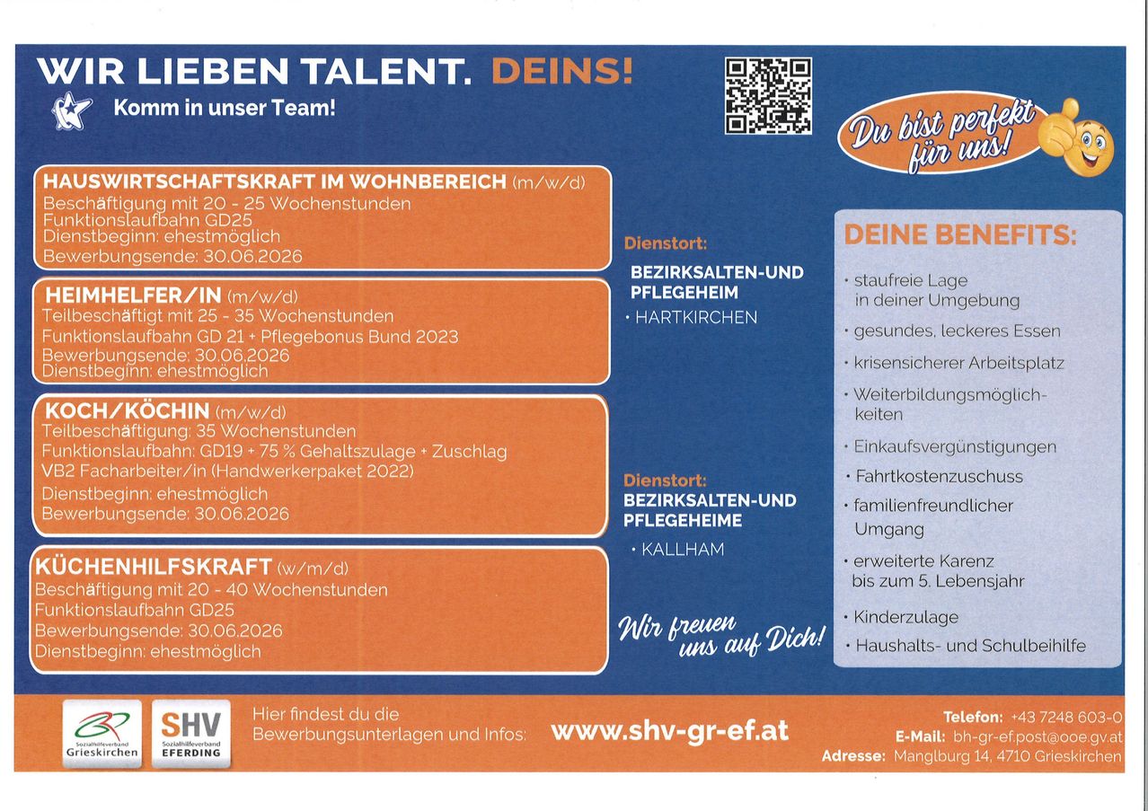 Job offer for care workers in various regions. Available positions include district elderly care and nursing homes in Hartkirchen and Kallham. Requirements include a nursing qualification and experience. Application deadline is June 30, 2026. Visit www.shv-gr-ef.at for more information.