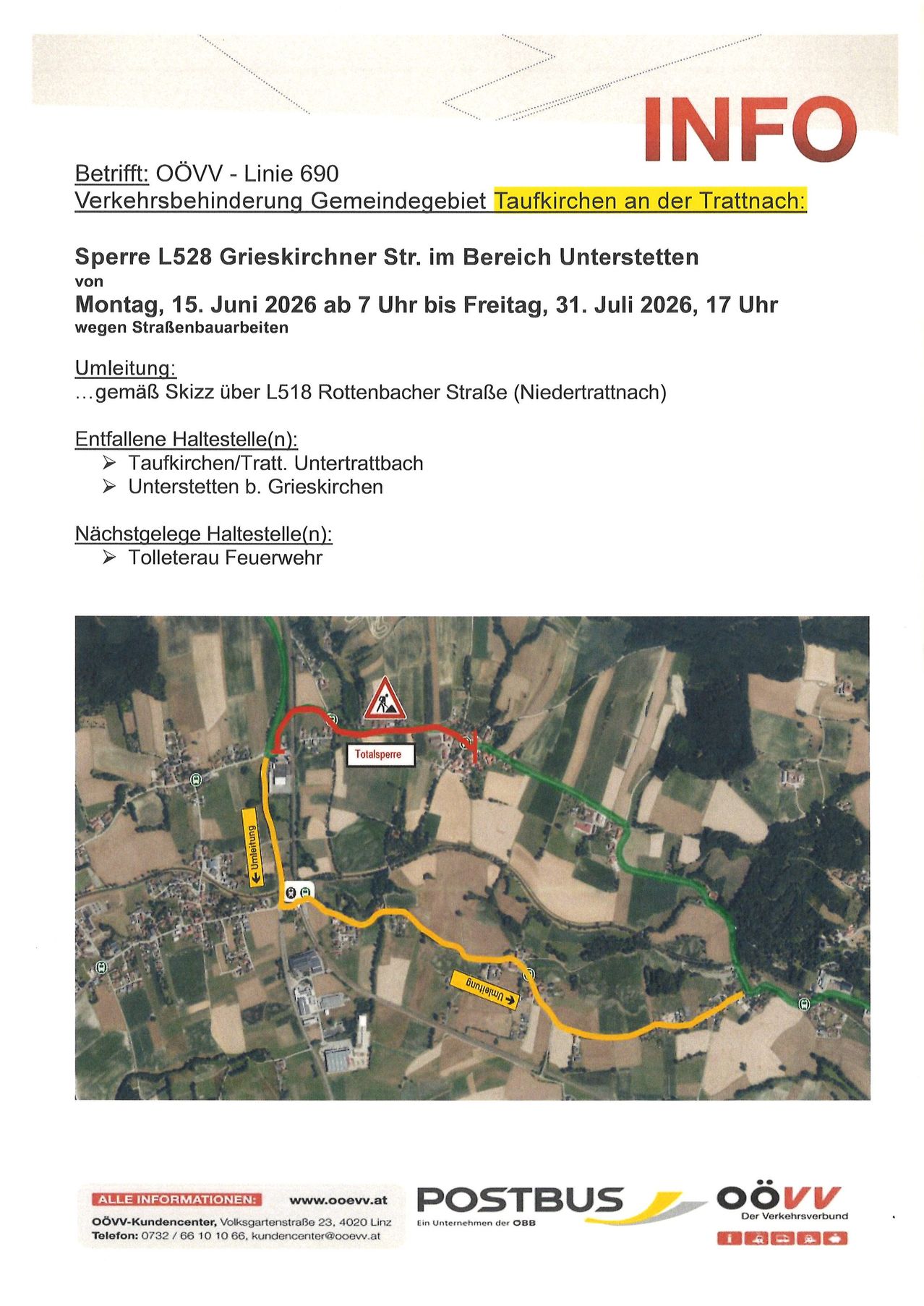 Verkehrsbehinderung Gemeindegebiet Taufkirchen an der Trattnach: Sperre L528 Grieskirchener Str. im Bereich Unterstetten von Montag, 15. Juni 2026 ab 7 Uhr bis Freitag, 31. Juli 2026, 17 Uhr wegen Straßenbauarbeiten Umleitung:... gemäß Skizz über L518 Rottenbacher Straße (Niedertrattnach) Entfallene Haltestelle(n): Taufkirchen/Tratt, Untertrattbach Unterstetten b. Grieskirchen Nächstgelegene Haltestelle(n): Tollbereich Feuerwehr