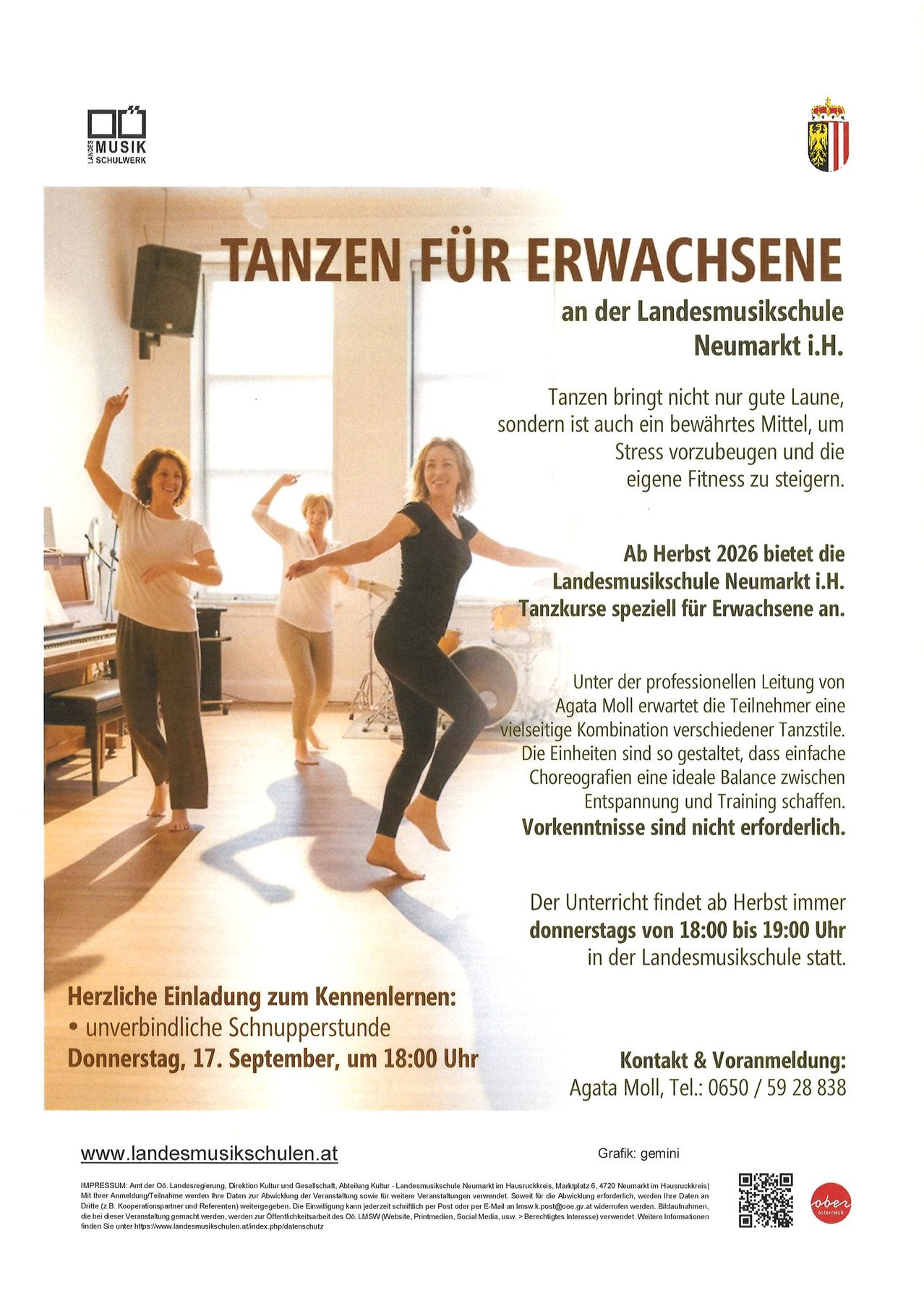 An advertisement for adult dance courses at the Landesmusikschule Neumarkt i.H. It highlights the benefits of dancing, such as stress relief and fitness improvement. The course, led by Agata Moll, combines various dance styles. No prior experience required. Classes start Thursday, September 17, at 6 PM. Contact for inquiries: Agata Moll, Tel.: 0650 / 59 28 838.