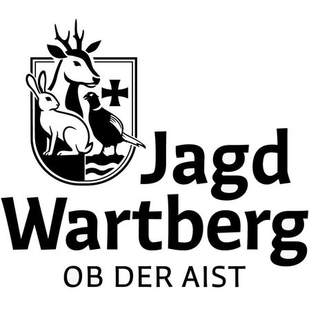 Das Jagd Wartberg Logo zeigt einen Schild mit einem Hirsch, einem Hasen und einem Vogel, sowie den Text 'Jagd Wartberg OB DER AIST'.