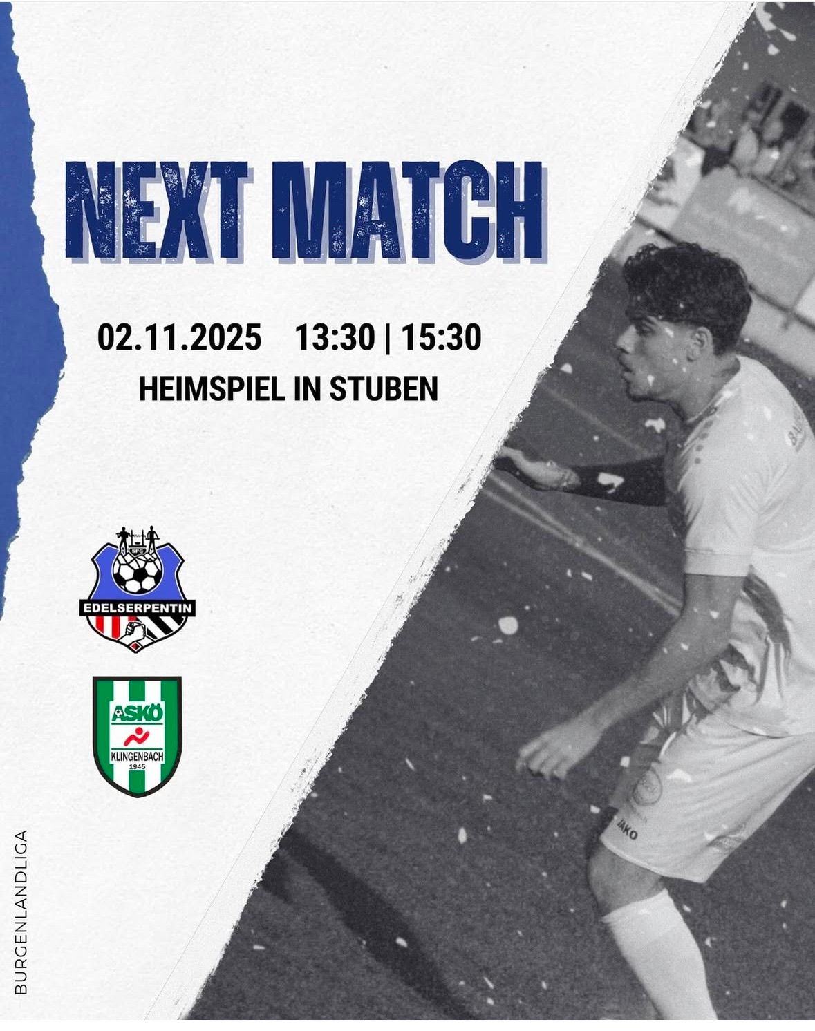 Kommende Fußballpartie am 02.11.2025. Heimspiel in Stuben um 13:30 und 15:30 Uhr. Spieler in weißen Trikots.