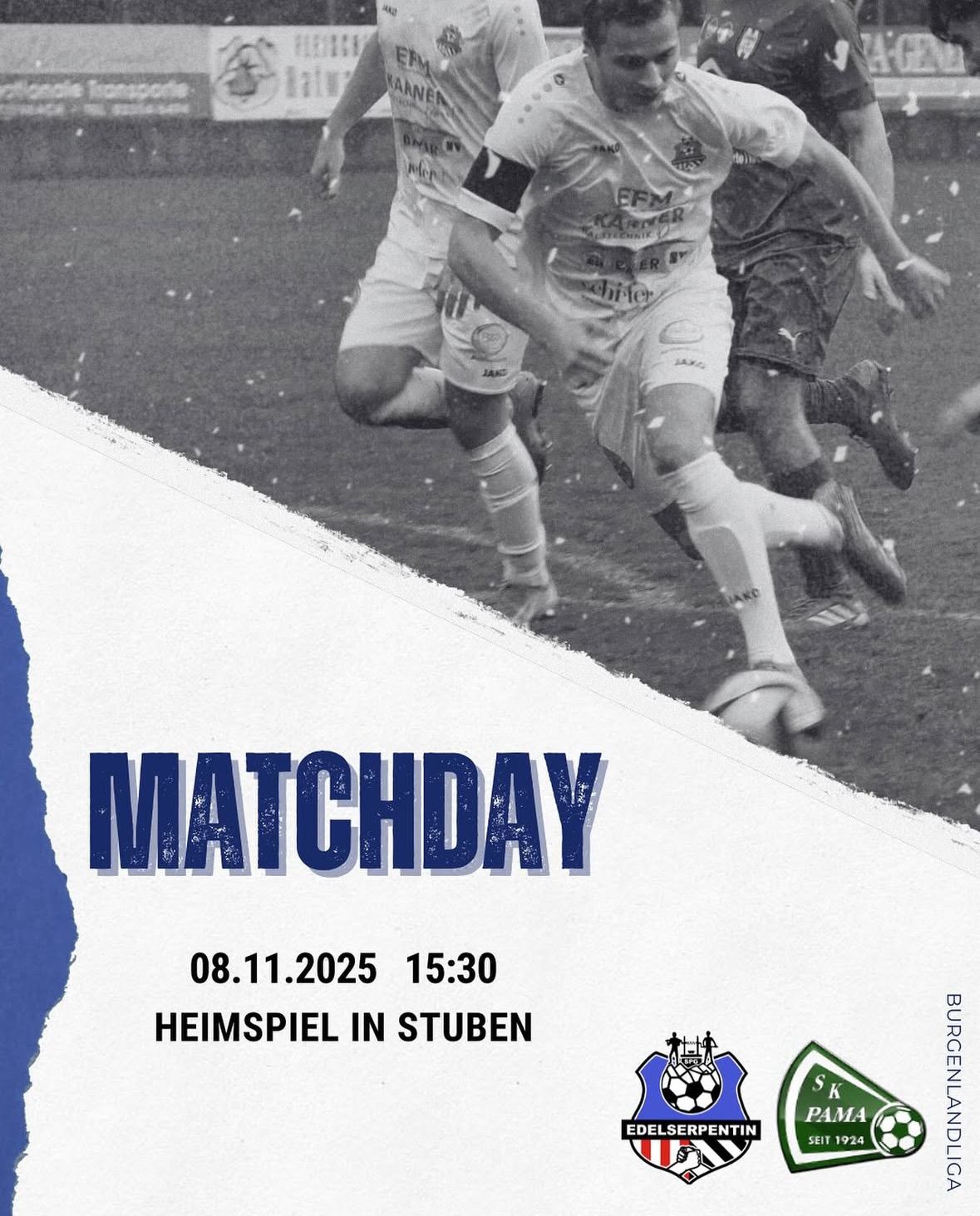 Black and white photo of a soccer match with players running and a ball in the air. The text 'Matchday' is displayed prominently. Date and time of the match are shown as 08.11.2025 at 15:30.