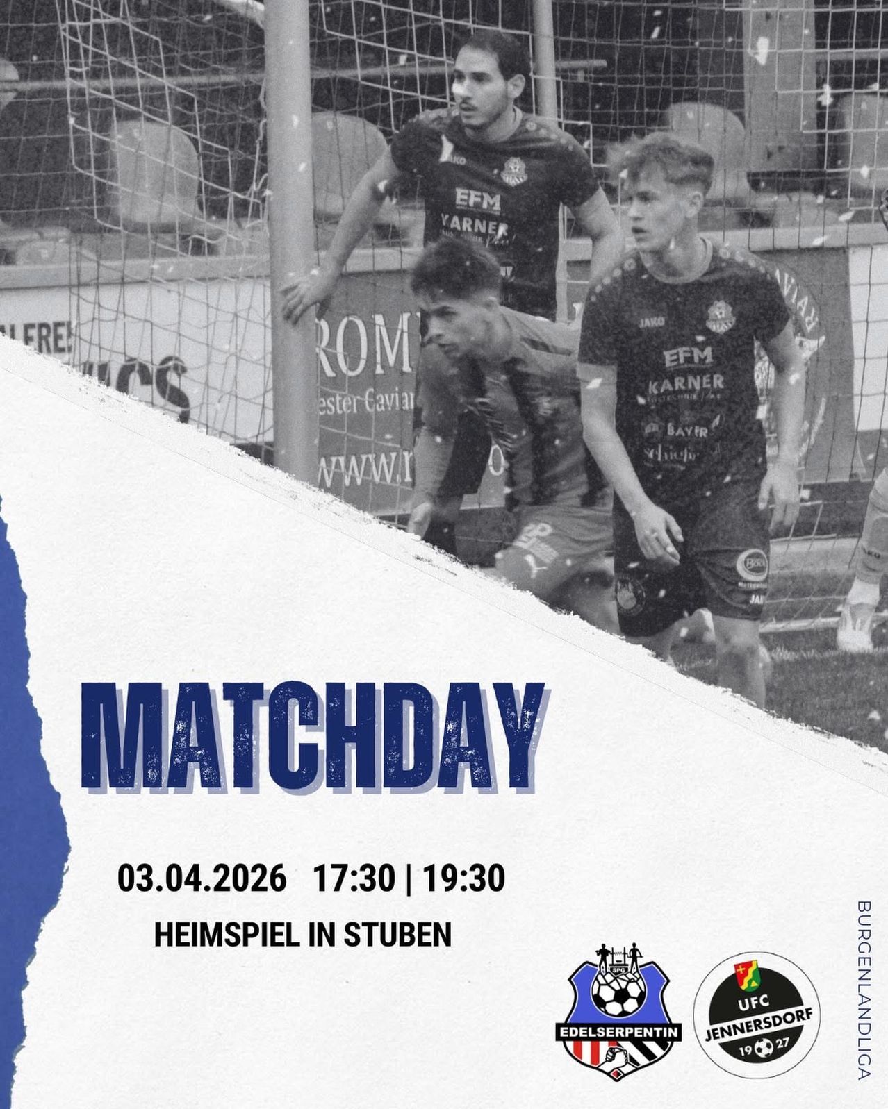 A black and white photo of soccer players in action. The word 'MATCHDAY' is prominently displayed. It is April 3, 2026, with games at 5:30 and 7:30 PM. The match is in Stubn.