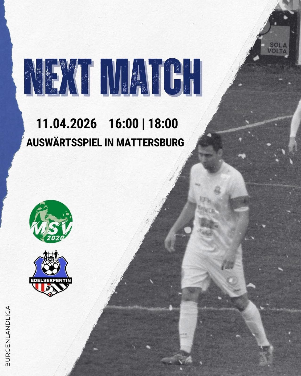 A black and white image of a soccer player in uniform with the words 'Next Match' above him. Below is the date, time, and location of the match.