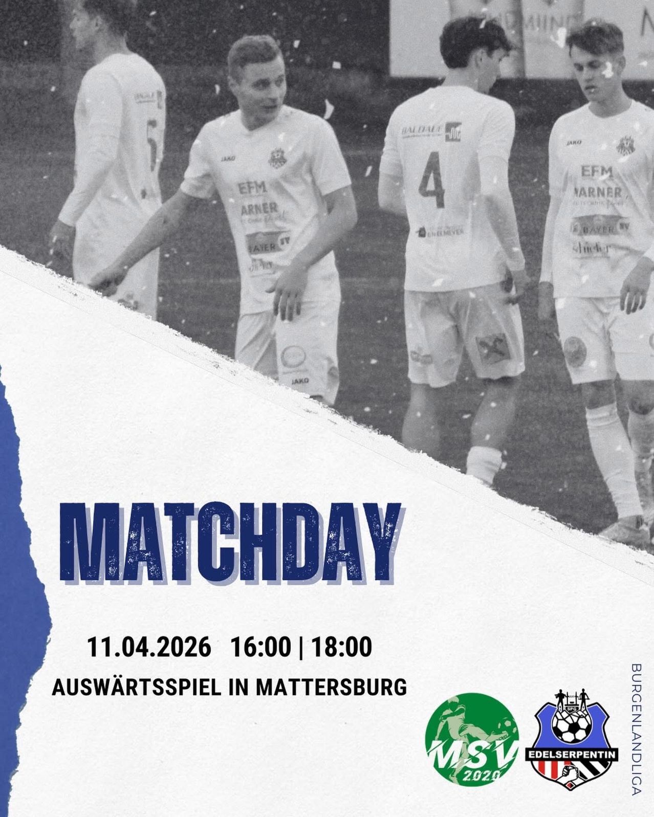 A black and white photo of four football players. The largest player has the number 4 on his jersey. The word Matchday is in blue. The match is on April 11, 2026 at 4:00 PM and 6:00 PM.