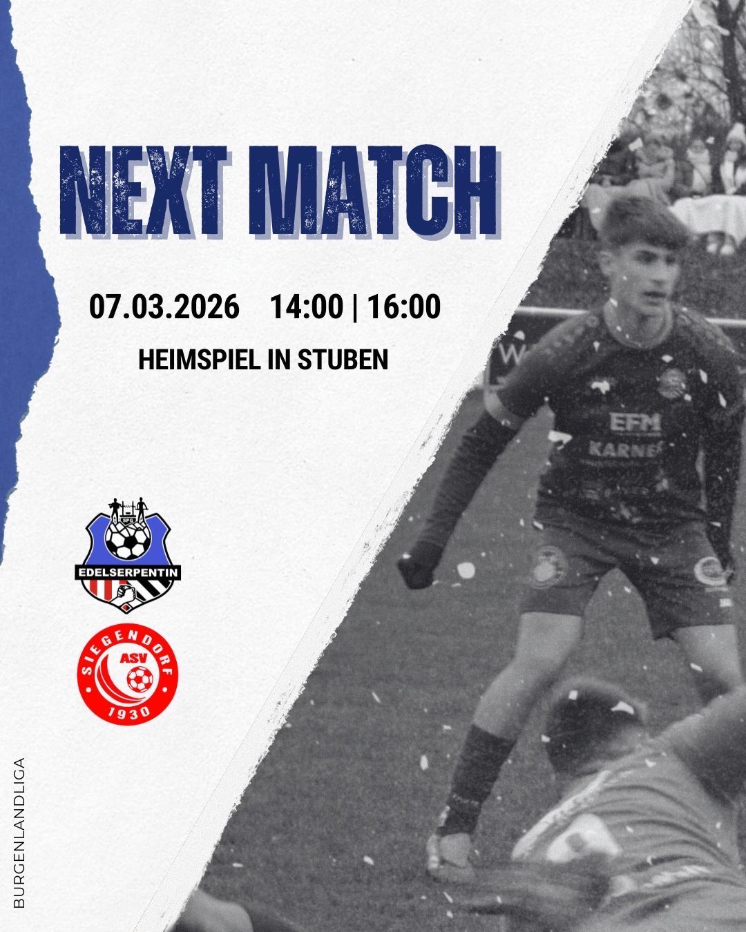 A poster shows the next match on March 7, 2026, at 14:00 and 16:00, with a player in a black jersey labeled EFM KARNE, and two team logos on the left.