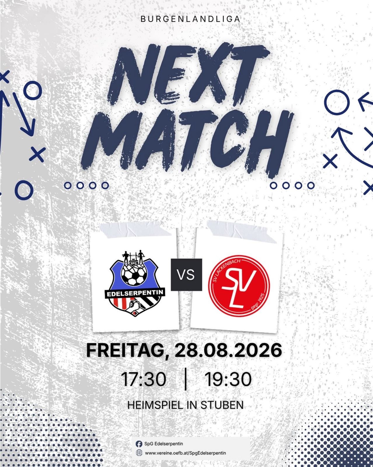 Plakat für das nächste Fußballspiel zwischen Edelserpentin und SV Ladenbach am Freitag, 28. August 2026, um 17:30 und 19:30.