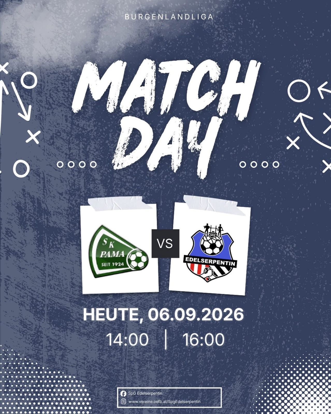 Poster for a soccer match day featuring SK PAMA vs. Edelserpentin. The date is September 6, 2026, with match times at 2 PM and 4 PM.