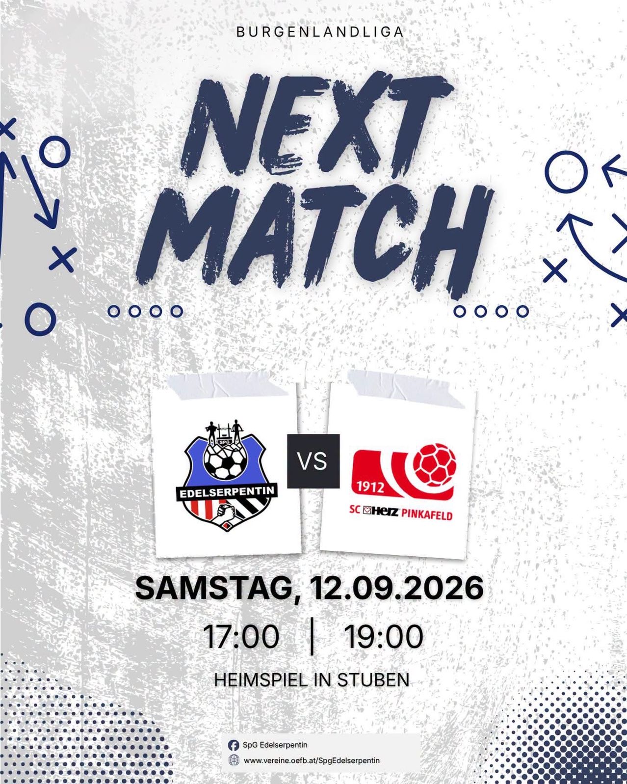 Poster for the upcoming soccer match between Edelserpentin and SC 1912 Herz Pinkafeld on Saturday, September 12, 2026, at 17:00 and 19:00.