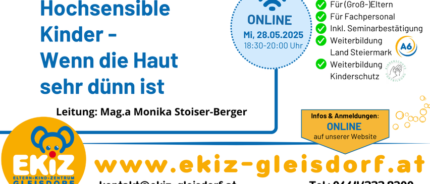 Online-Veranstaltungsposter für eine Veranstaltung am 28. Mai 2025 von 18:30 bis 20:00 Uhr. Die Veranstaltung wird von Monika Stoiser-Berger durchgeführt. Kontaktdaten und Website sind angegeben. Das Poster ist blau mit weißen Text.