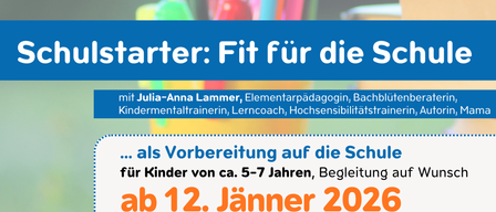 Ein Bild, das ein Schulvorbereitungsprogramm für Kinder im Alter von 5-7 Jahren bewirbt, beginnend am 12. Januar 2026, jeden Montag von 15:30 bis 17:30 Uhr. Es zeigt ein Logo, bunte Stifte und Bücher im Hintergrund.