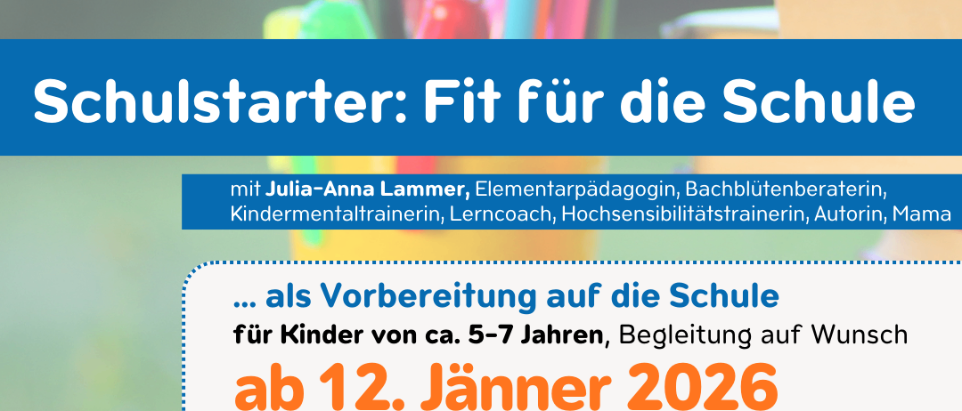Ein Bild, das ein Schulvorbereitungsprogramm für Kinder im Alter von 5-7 Jahren bewirbt, beginnend am 12. Januar 2026, jeden Montag von 15:30 bis 17:30 Uhr. Es zeigt ein Logo, bunte Stifte und Bücher im Hintergrund.