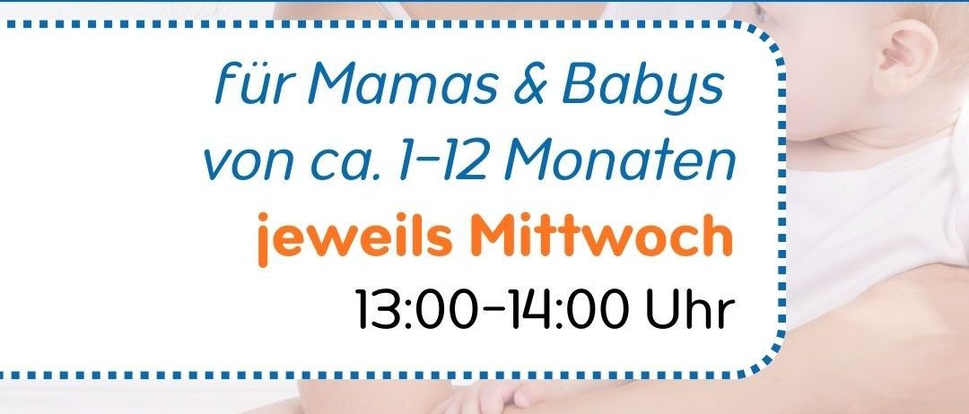 Werbeplakat für Mama-Baby-Yoga-Sitzung mit einer Mutter und einem Kind. Zeit ist jeden Mittwoch von 13:00-14:00 Uhr. Für Mamas und Babys im Alter von 1-12 Monaten. Geführt von Michaela Kayer.