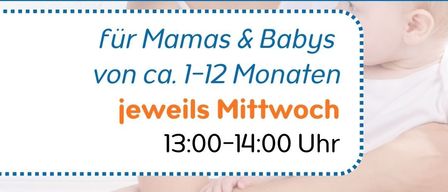 Werbeplakat für Mama-Baby-Yoga-Sitzung mit einer Mutter und einem Kind. Zeit ist jeden Mittwoch von 13:00-14:00 Uhr. Für Mamas und Babys im Alter von 1-12 Monaten. Geführt von Michaela Kayer.