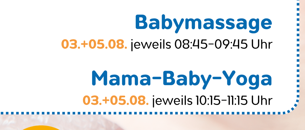 Plakat für Sommerkurse mit Michaela Kayer. Beinhaltet Klangschalenmassage für Schwangere, Babymassage und Mama-Baby-Yoga. Jeder Kurs findet am 3. und 5. August statt.