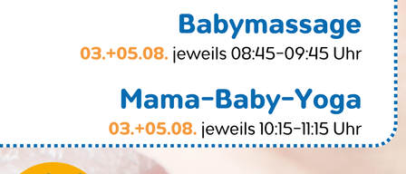 An advertisement for summer courses featuring Michaela Kayer, offering Klangschalenmassage for pregnant women on August 3 and 5, 2023, from 11:45 to 13:15. Baby massage and Mama-Baby-Yoga sessions are also scheduled on the same dates.