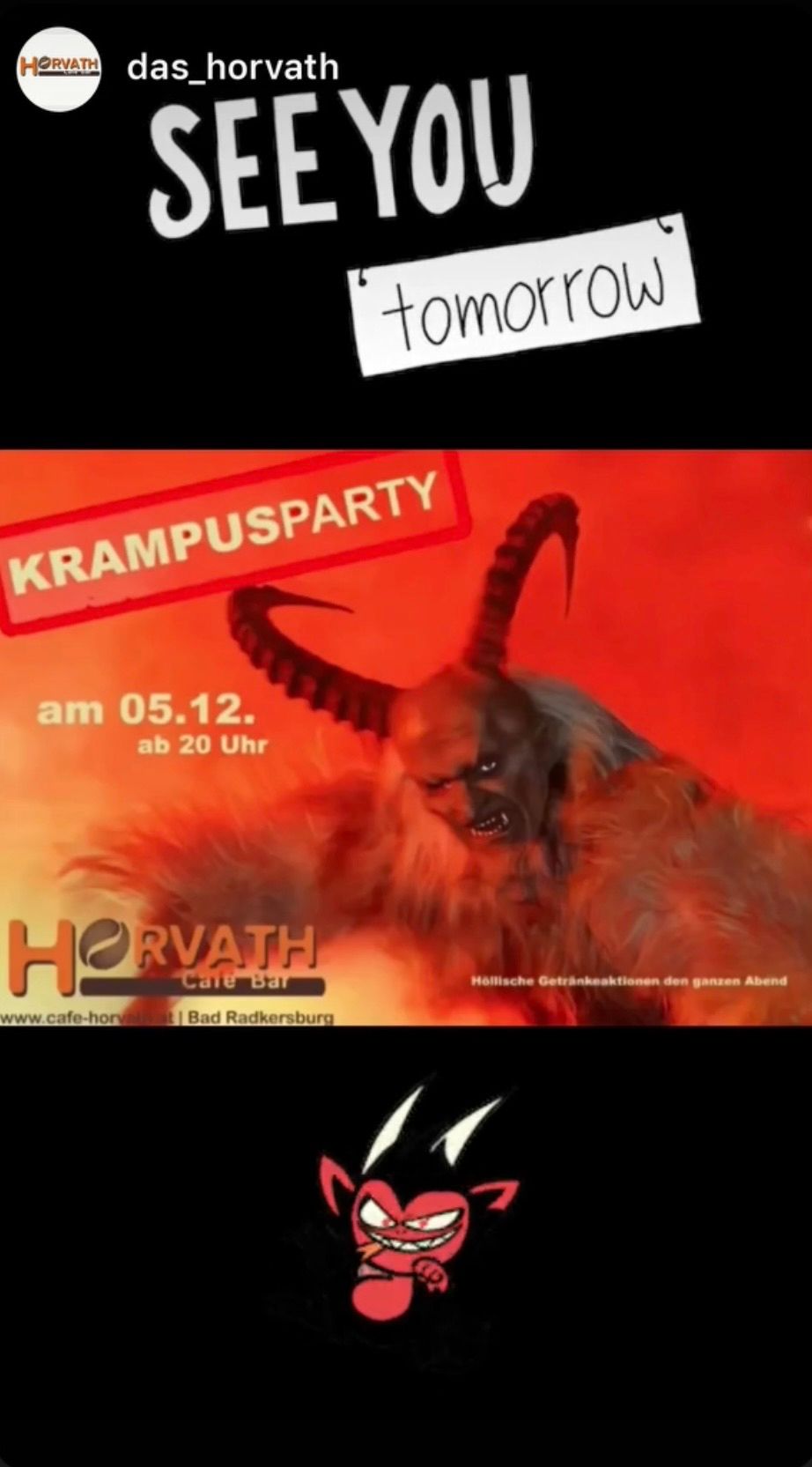 Plakat für Krampusparty mit rotem Hintergrund, das einen Krampus-Charakter zeigt und den Text 'am 05.12. ab 20 Uhr' enthält. Darunter steht 'Horvath Cafe Bar' und eine Website-URL.