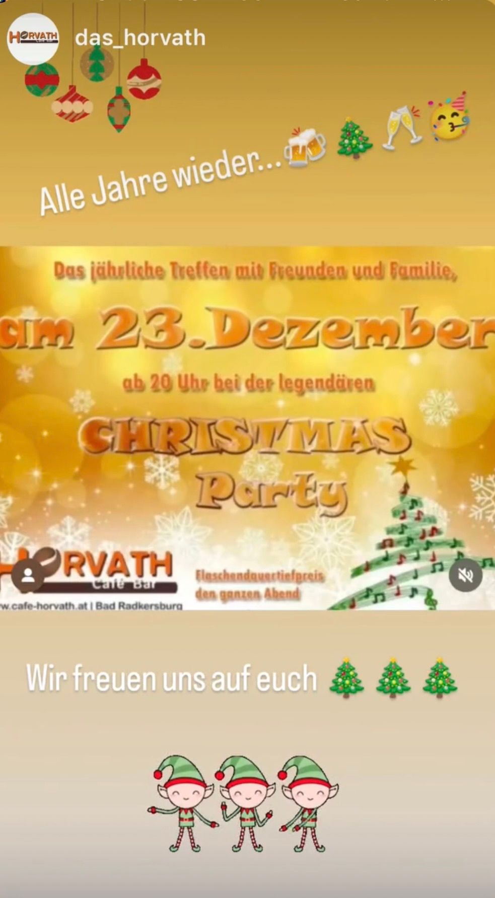 Ein Plakat für eine Weihnachtsparty in einem Café-Bar, das am 23. Dezember ab 20 Uhr einlädt. Es betont einen Sonderpreis für den ganzen Abend.