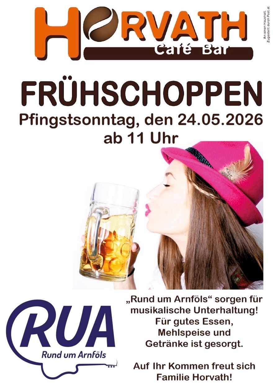 A flyer for 'Fruhschopp'n' event on May 24, 2026, starting at 11 AM. A woman in a pink hat sips beer, smiling. Musical entertainment, good food.