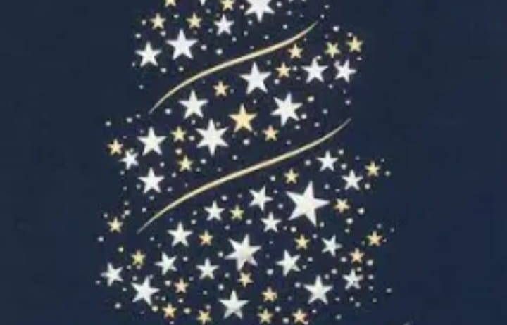 Ein goldener und weißer Weihnachtsbaum mit Sternenverzierung auf blauem Hintergrund mit 'Frohliche Weihnachten' darunter geschrieben.