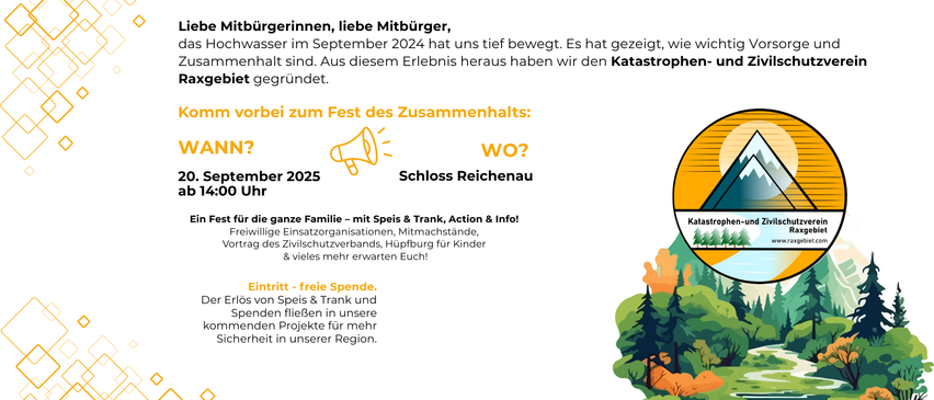 Eine Einladung für die ganze Gemeinschaft zu einem Fest mit Speisen, Getränken, Aktivitäten und Informationen. Es zeigt bevorstehende Aktivitäten zur Verbesserung der regionalen Sicherheit an.