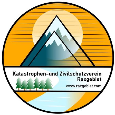 Logo für einen Katastrophen- und Zivilschutzverein namens Raxgebiet, mit einer Bergkette, Sonne und Wald sowie einer Website-Adresse.