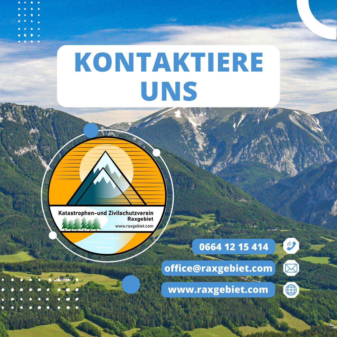 Ein Plakat mit einer Gebirgslandschaft zeigt einen Kontaktaufruf. Es enthält ein Logo, Telefonnummer, E-Mail und Website. Der Text 'KONTAKTIERE UNS' ist prominent angezeigt.