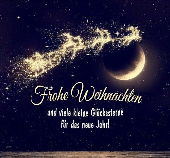 Ein Weihnachtsgruß-Karte mit dem Schlitten von Santa Claus, der durch einen Sternenhimmel fliegt, einem Halbmond und der Botschaft 'Frohe Weihnachten und viele kleine Glückssterne für das neue Jahr!'.