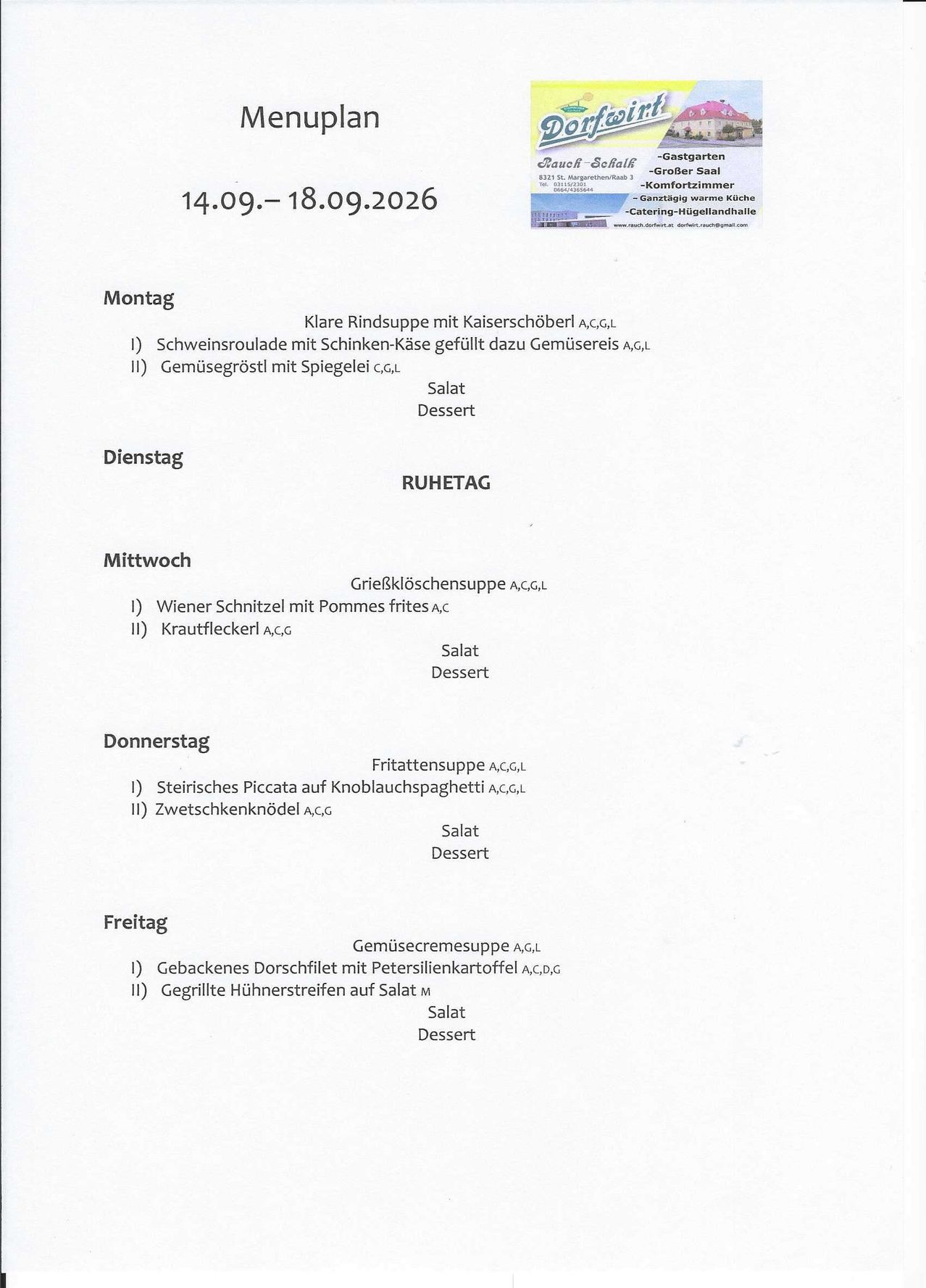 Ein Menü für die Woche vom 14. bis 18. September 2026 mit täglichen Mahlzeiten, darunter Schweinelende mit Käse und Gemüse sowie verschiedene Desserts.
