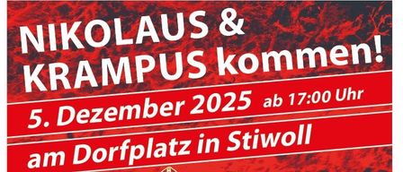 Plakat für Nikolaus und Krampus-Veranstaltung am 5. Dezember 2025 um 17:00 in Stiwoll. Drei Personen in Kostümen, eine hält eine Besen. Roter Hintergrund.